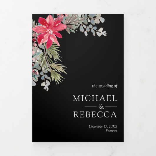 Poinsettia Floral QR Code Black Kerstbruiloft Drieluik Uitnodiging (Cover)