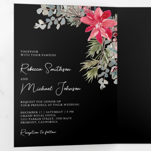 Poinsettia Floral QR Code Black Kerstbruiloft Drieluik Uitnodiging (Binnenzijde eerst)