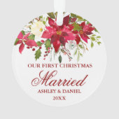 Poinsettia Floral Red First Kerstgehuwd Ornament (achterkant)