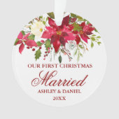 Poinsettia Floral Red First Kerstgehuwd Ornament (voorkant)