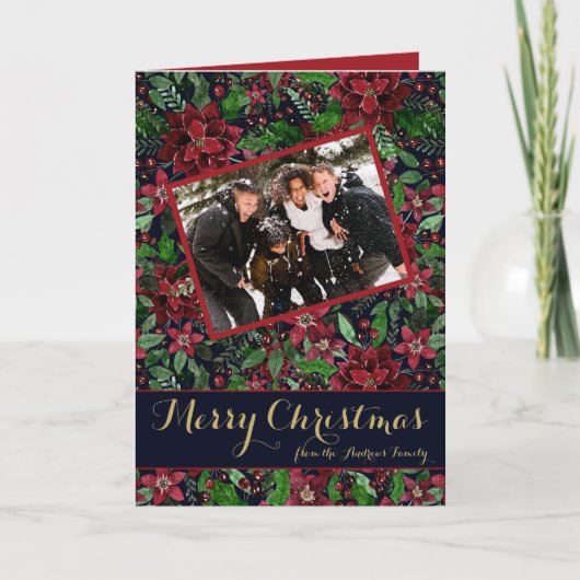 Poinsettia Floral Waterverf Foto Kerstmis Feestdagen Kaart (Voorkant)