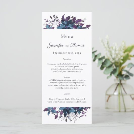 Poinsettia Floral Wedding Menu | Moody Blue (Staand voorkant)