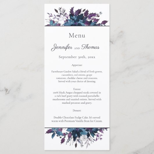Poinsettia Floral Wedding Menu | Moody Blue (Voorkant)