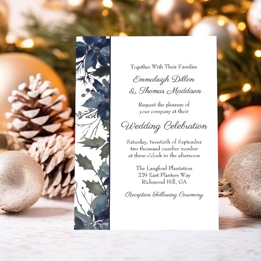 Poinsettia Floral Wedding | Navy Blue Kaart