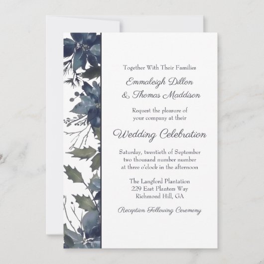 Poinsettia Floral Wedding | Navy Blue Kaart (Voorkant)