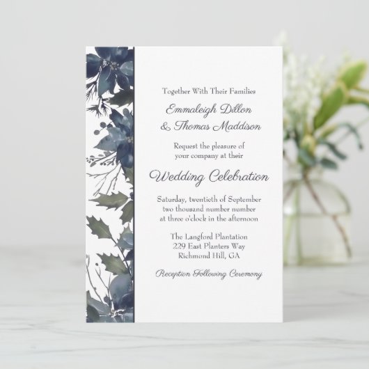 Poinsettia Floral Wedding | Navy Blue Kaart (Staand voorkant)