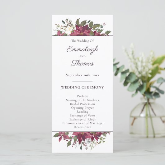 Poinsettia Floral Wedding | Scarlet Red Programmakaart (Staand voorkant)