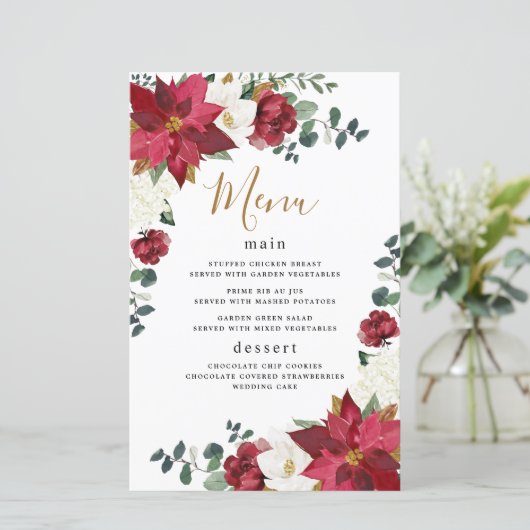 Poinsettia Floral Winter Red Wedding Menu Kaarten (Staand voorkant)