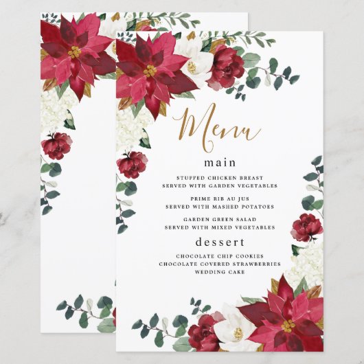Poinsettia Floral Winter Red Wedding Menu Kaarten (Voorkant / Achterkant)