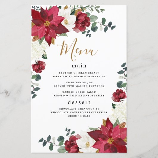 Poinsettia Floral Winter Red Wedding Menu Kaarten (Voorkant)