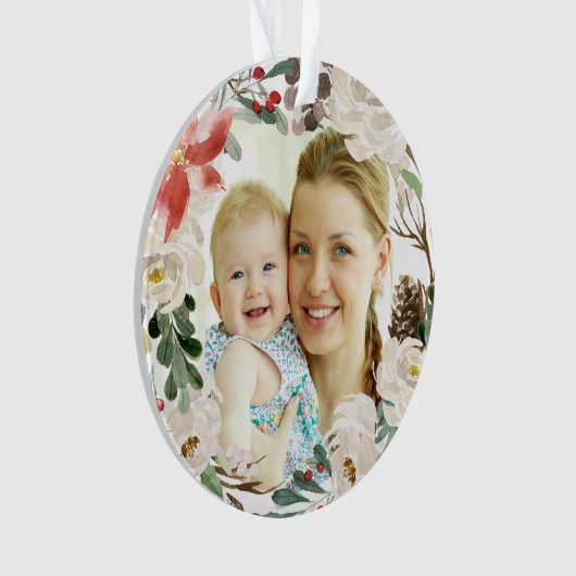 Poinsettia Floral Wreate First-kerstfoto Ornament (voorkant)