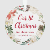 Poinsettia Floral Wreate First-kerstfoto Ornament (achterkant)
