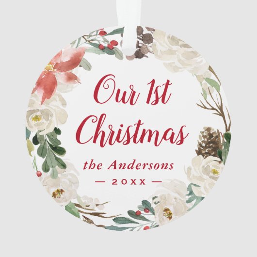 Poinsettia Floral Wreate First-kerstfoto Ornament (achterkant)