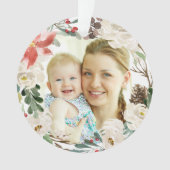 Poinsettia Floral Wreate First-kerstfoto Ornament (voorkant)