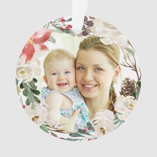 Poinsettia Floral Wreate First-kerstfoto Ornament (voorkant)