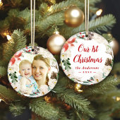 Poinsettia Floral Wreate First-kerstfoto Ornament