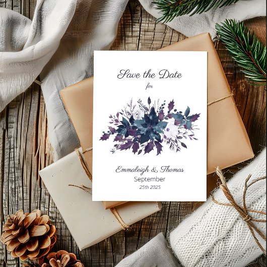 Poinsettia Florals Save the Date | Moody Blue