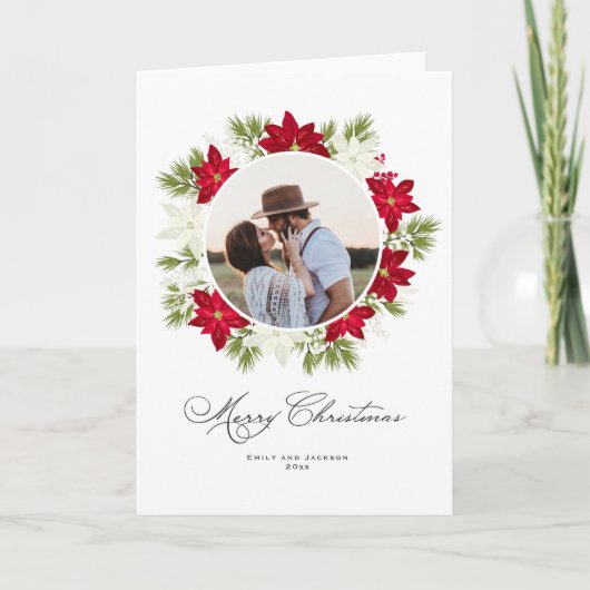 Poinsettia Flower and Pine Round Photo Kaart (Voorkant)
