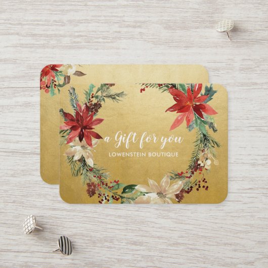 Poinsettia Flowers Faux Gold Foil Gift Certificate Kortingskaartje (Voorkant / Achterkant in situ)