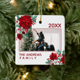 Poinsettia Flowers Ivy Leaves kerstfoto Keramisch Ornament