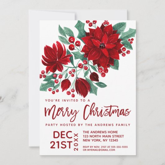 Poinsettia Flowers Ivy Leaves Waterverf Kerstmis Kaart (Voorkant)
