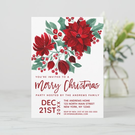 Poinsettia Flowers Ivy Leaves Waterverf Kerstmis Kaart (Staand voorkant)