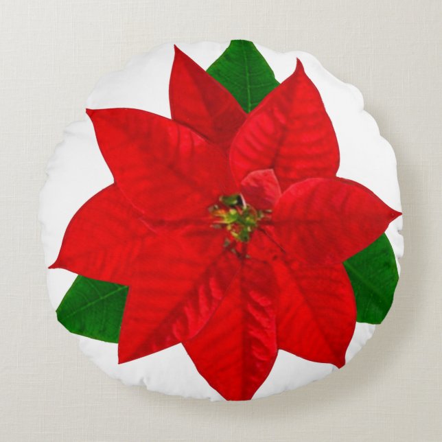 Poinsettia Flowers on White Rond Kussen (Voorkant)