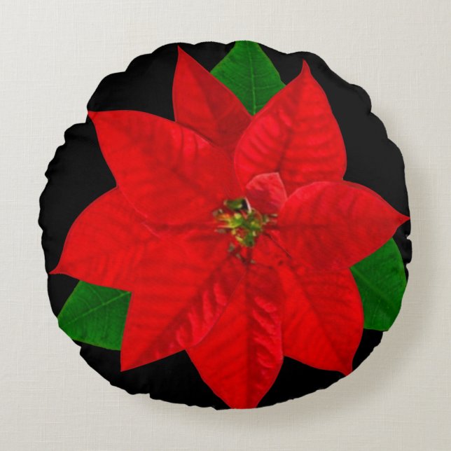 Poinsettia Flowers op Black Rond Kussen (Voorkant)