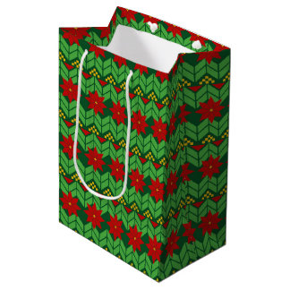 Poinsettia Flowers Red Gold and Green Holiday Medium Cadeauzakje
