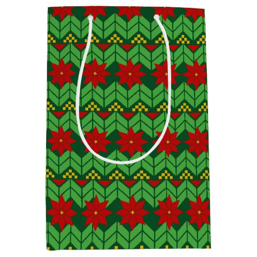 Poinsettia Flowers Red Gold and Green Holiday Medium Cadeauzakje (Voorkant)