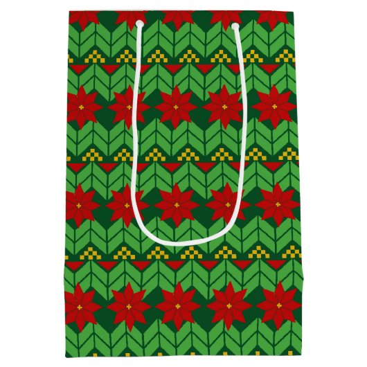 Poinsettia Flowers Red Gold and Green Holiday Medium Cadeauzakje (Achterkant)