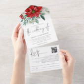 Poinsettia Foliage QR Code Script Weddenschap All In One Uitnodiging (Afscheurbaar)