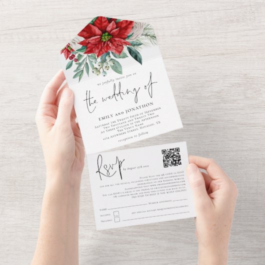 Poinsettia Foliage QR Code Script Weddenschap All In One Uitnodiging (Afscheurbaar)