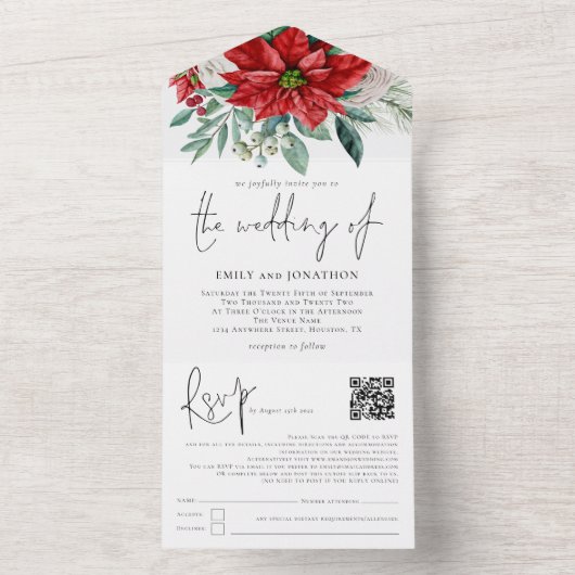 Poinsettia Foliage QR Code Script Weddenschap All In One Uitnodiging (Binnen)