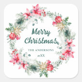 Poinsettia Foliage Rood Groen Kerst Krans Vierkante Sticker (Voorkant)