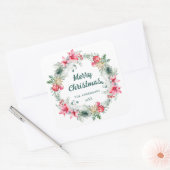 Poinsettia Foliage Rood Groen Kerst Krans Vierkante Sticker (Envelop)