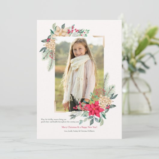 Poinsettia Foto Lijst Vakantie Groeten Kaart (Staand voorkant)
