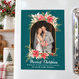 Poinsettia Foto Teal Rustic Jonggehuwd Kerstmis Magnetische Uitnodiging