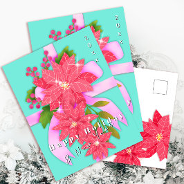 Poinsettia Gelukkig Feest Nieuwjaar Aqua Blauw Feestdagenkaart
