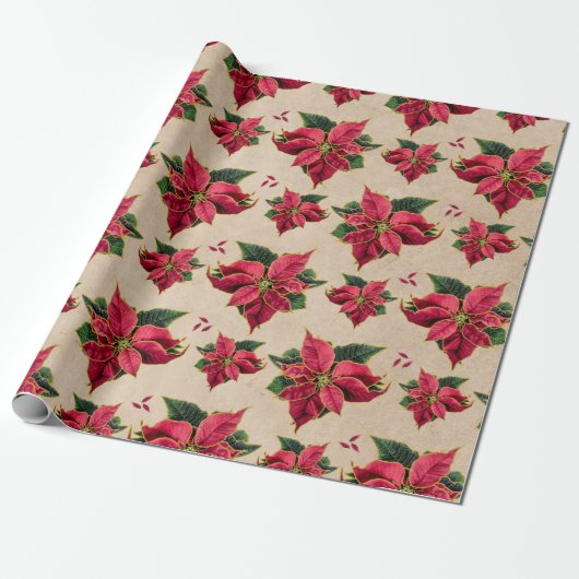  Poinsettia Gold-contouren Cadeaupapier (Uitgerold)