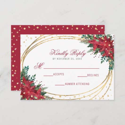 Poinsettia Gold Geometric Kerstbruiloft RSVP Kaartje (Voorkant / Achterkant)