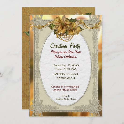 Poinsettia Gold-kerstuitnodiging Kaart (Voorkant / Achterkant)