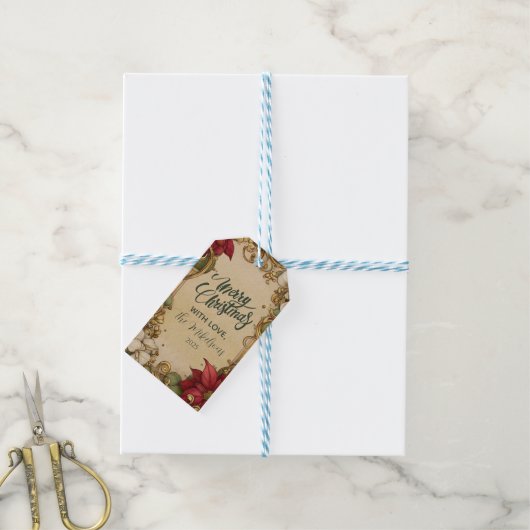  Poinsettia Gold Scroll Christmas Cadeaulabel (Met Touw)