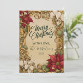 Poinsettia Gold Scroll Christmas Feestdagenkaart (Staand voorkant)