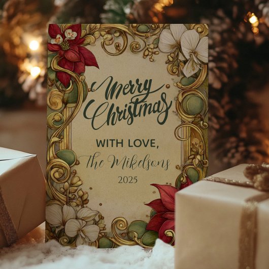 Poinsettia Gold Scroll Christmas Feestdagenkaart