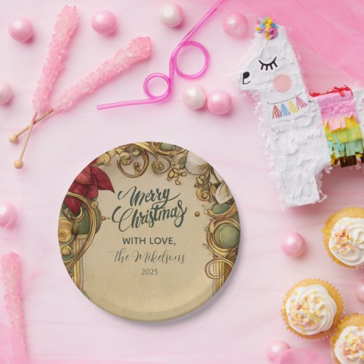  Poinsettia Gold Scroll Christmas Papieren Bordje (Feest)