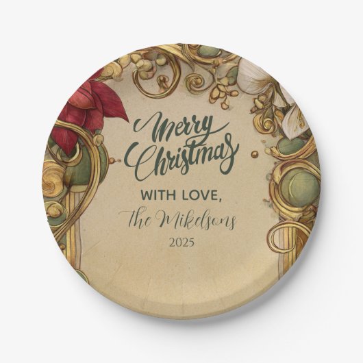  Poinsettia Gold Scroll Christmas Papieren Bordje (Voorkant)