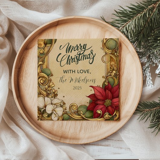 Poinsettia Gold Scroll Christmas Servet