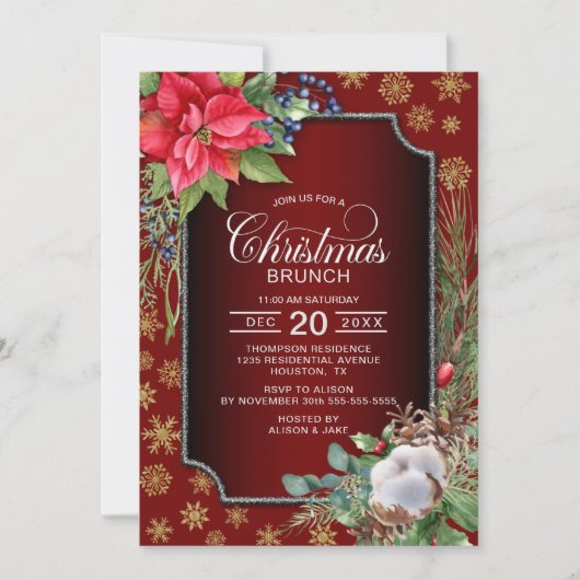 Poinsettia Gold Snowflakes Red kerst Brunch Kaart (Voorkant)