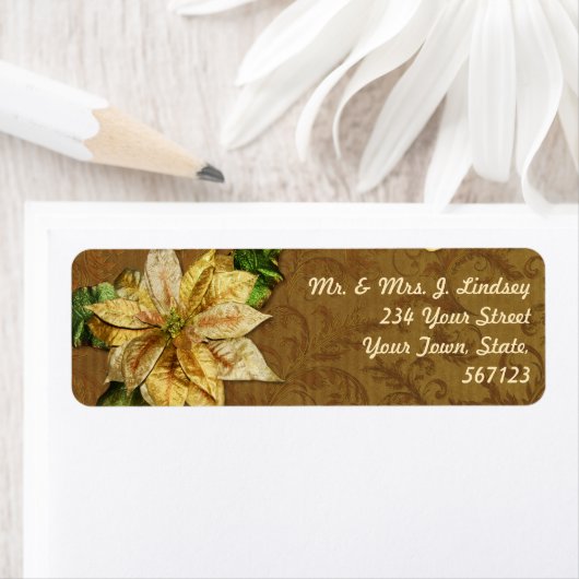 Poinsettia Gouden Kerstmis Adreslabel Etiket (Insitu)